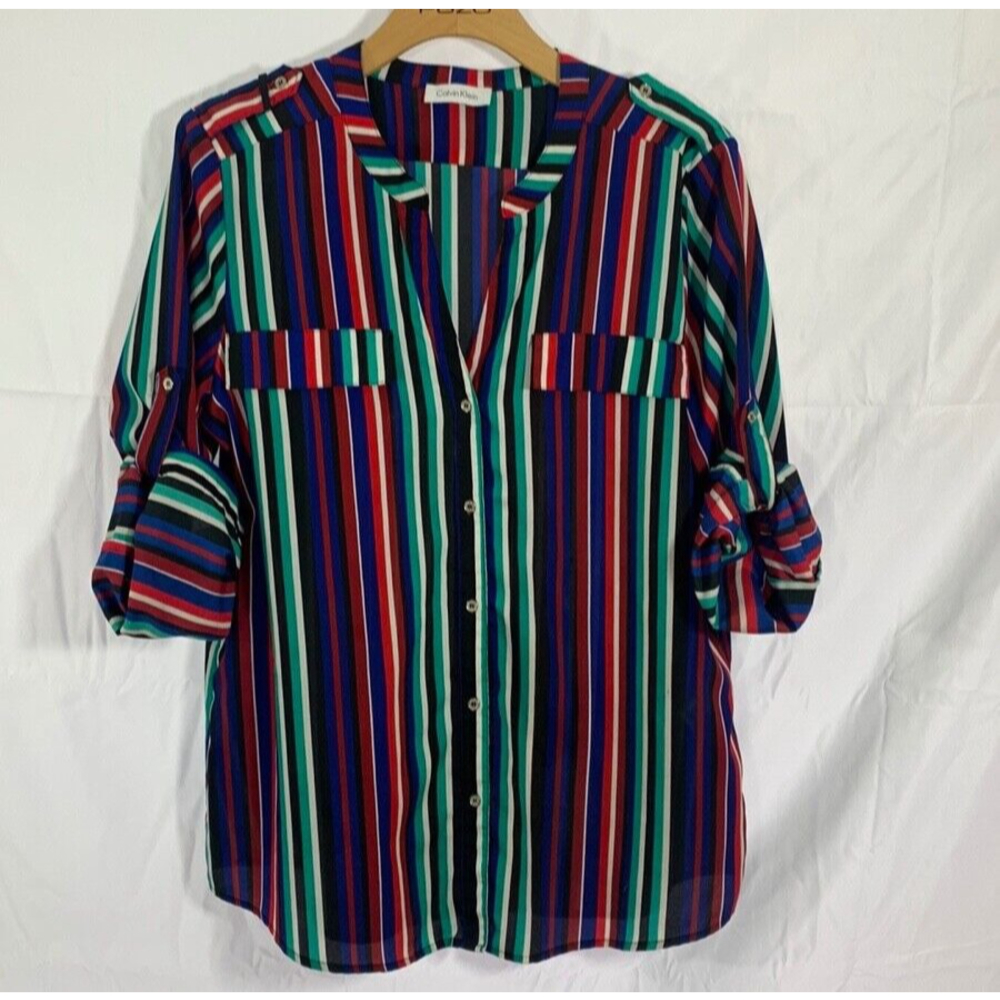 Calvin Klein Women Striped Roll Tab Long Sleeve Button Down Blouse